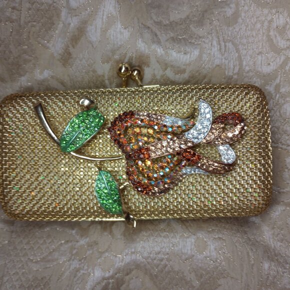 Iris Lane Gold Mesh  Clutch Rhinestone flower - Picture 2 of 4